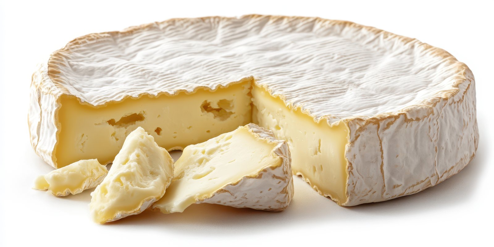 Soft cheese with a creamy texture and white rind cut, showcasing interior at a gourmet kitchen setting